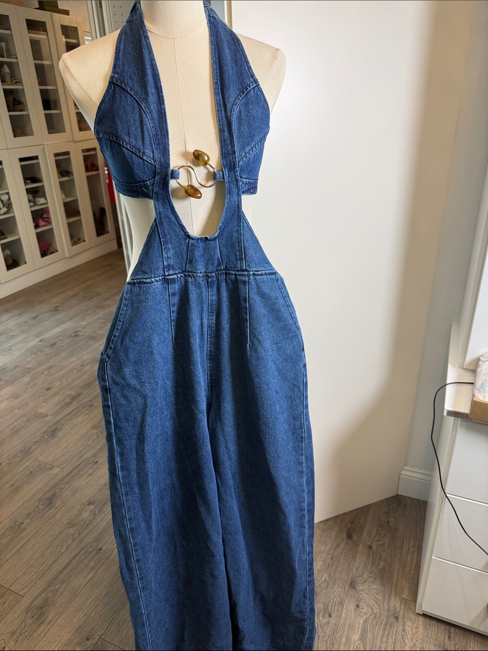 Denim Halter Wide-Leg Jeans - Indigo Blue - Picture 2 of 3
